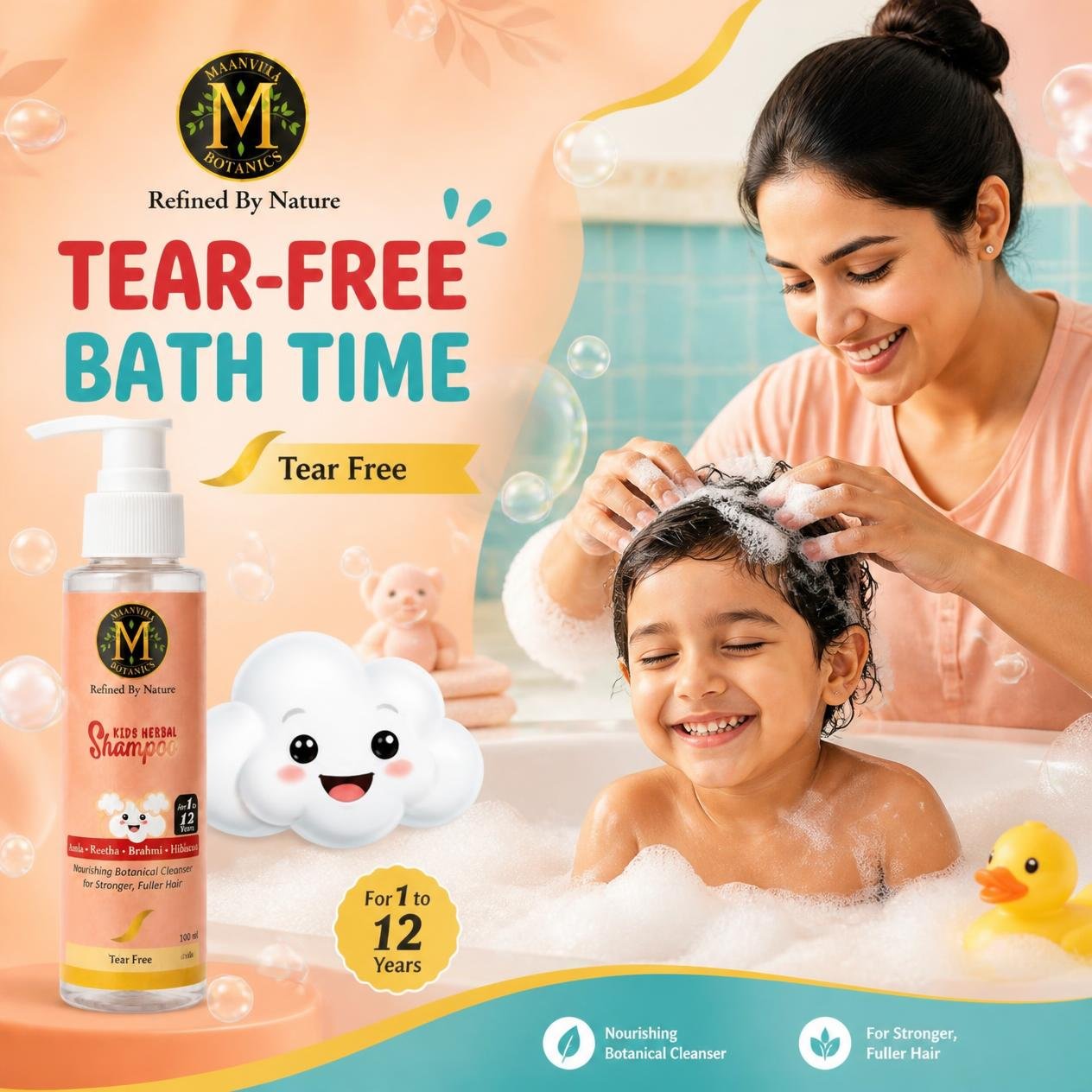 Maanvira Botanics Kids Herbal Shampoo with Amla, Reetha, Brahmi & Hibiscus | Tear Free, Tangle Free, Hypoallergenic | Sulphate & Paraben Free | For Soft, Strong Hair | Kids 1-12 Years | 100 ml