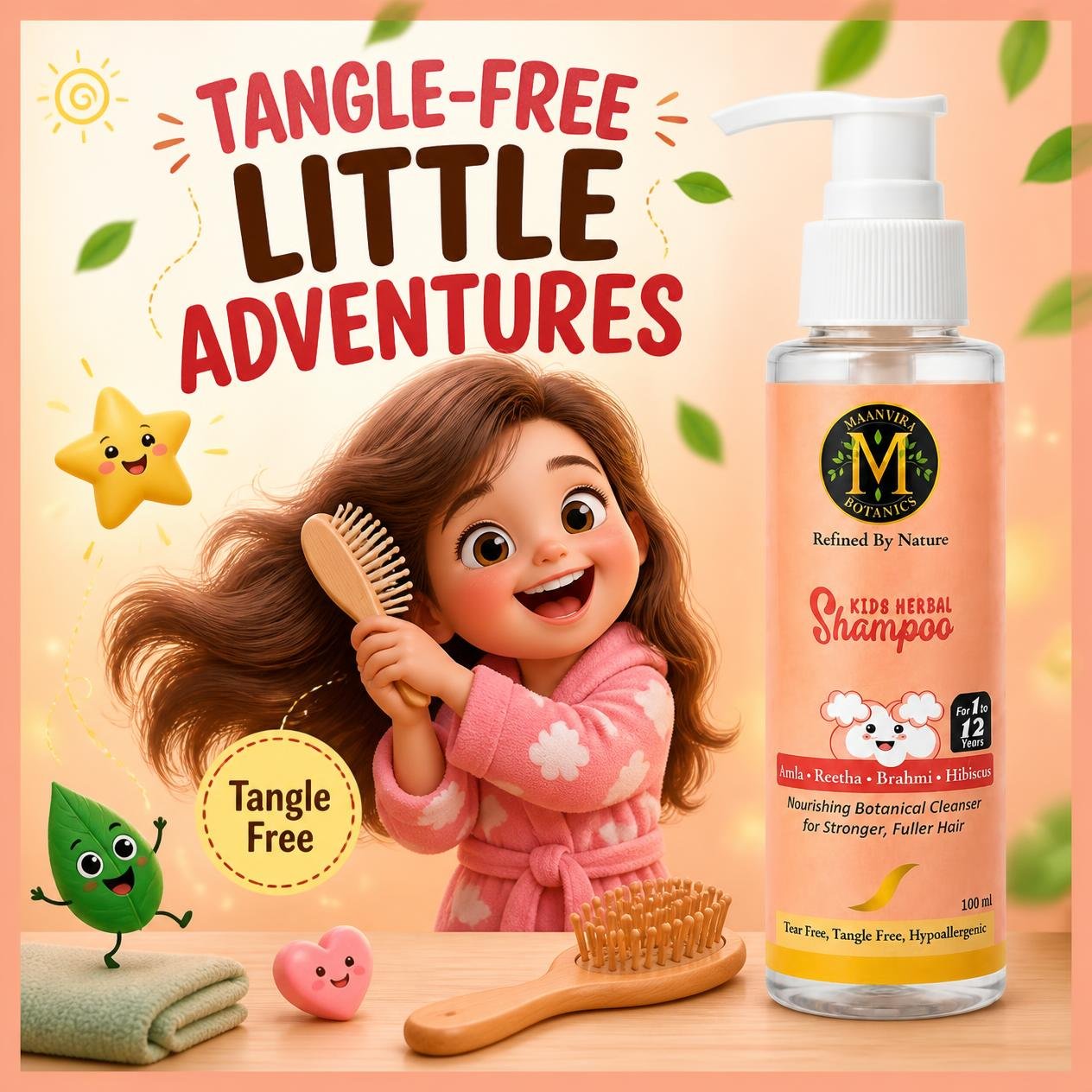Maanvira Botanics Kids Herbal Shampoo with Amla, Reetha, Brahmi & Hibiscus | Tear Free, Tangle Free, Hypoallergenic | Sulphate & Paraben Free | For Soft, Strong Hair | Kids 1-12 Years | 100 ml
