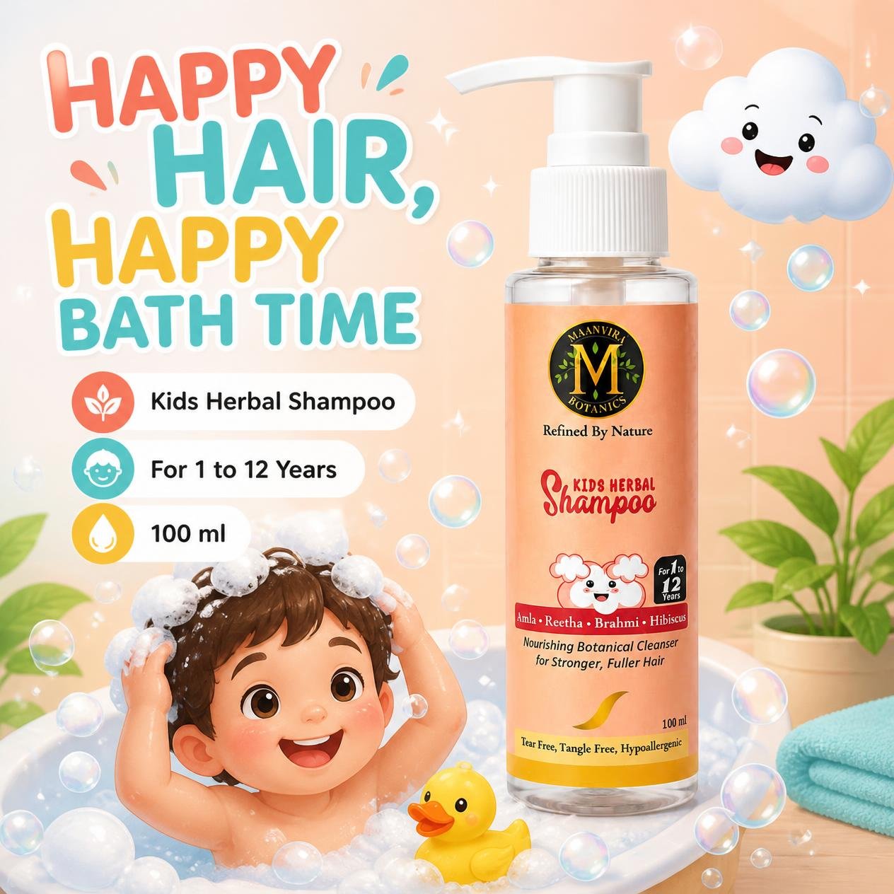 Maanvira Botanics Kids Herbal Shampoo with Amla, Reetha, Brahmi & Hibiscus | Tear Free, Tangle Free, Hypoallergenic | Sulphate & Paraben Free | For Soft, Strong Hair | Kids 1-12 Years | 100 ml