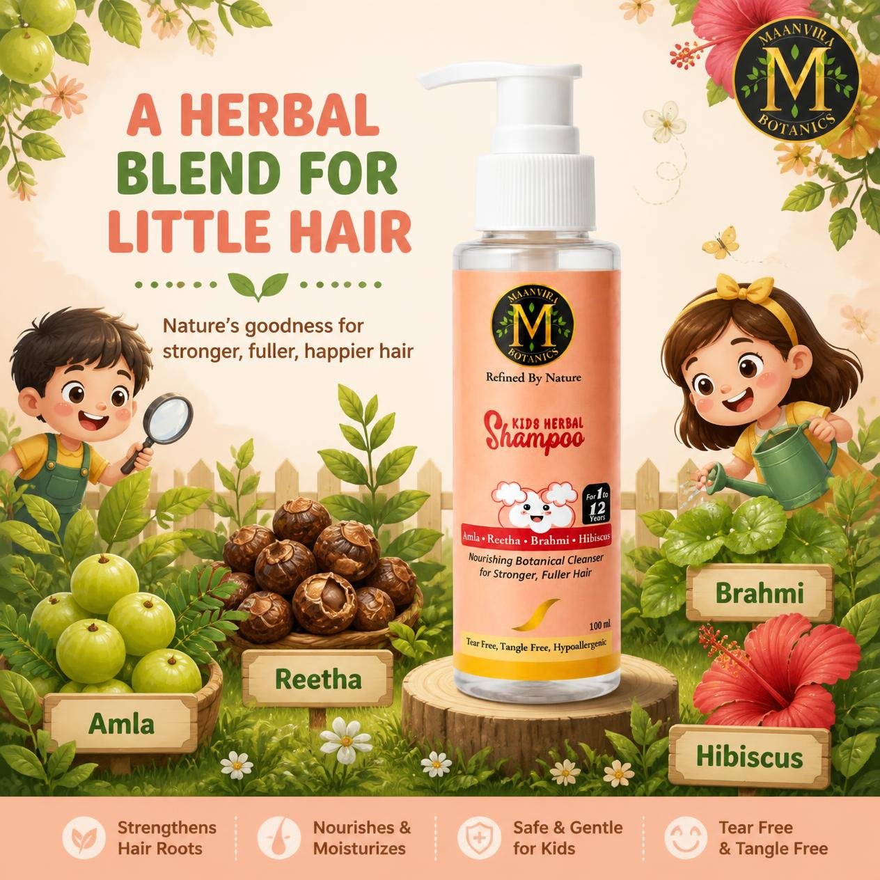 Maanvira Botanics Kids Herbal Shampoo with Amla, Reetha, Brahmi & Hibiscus | Tear Free, Tangle Free, Hypoallergenic | Sulphate & Paraben Free | For Soft, Strong Hair | Kids 1-12 Years | 100 ml