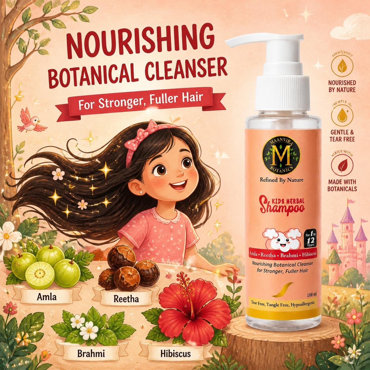 Maanvira Botanics Kids Herbal Shampoo with Amla, Reetha, Brahmi & Hibiscus | Tear Free, Tangle Free, Hypoallergenic | Sulphate & Paraben Free | For Soft, Strong Hair | Kids 1-12 Years | 100 ml