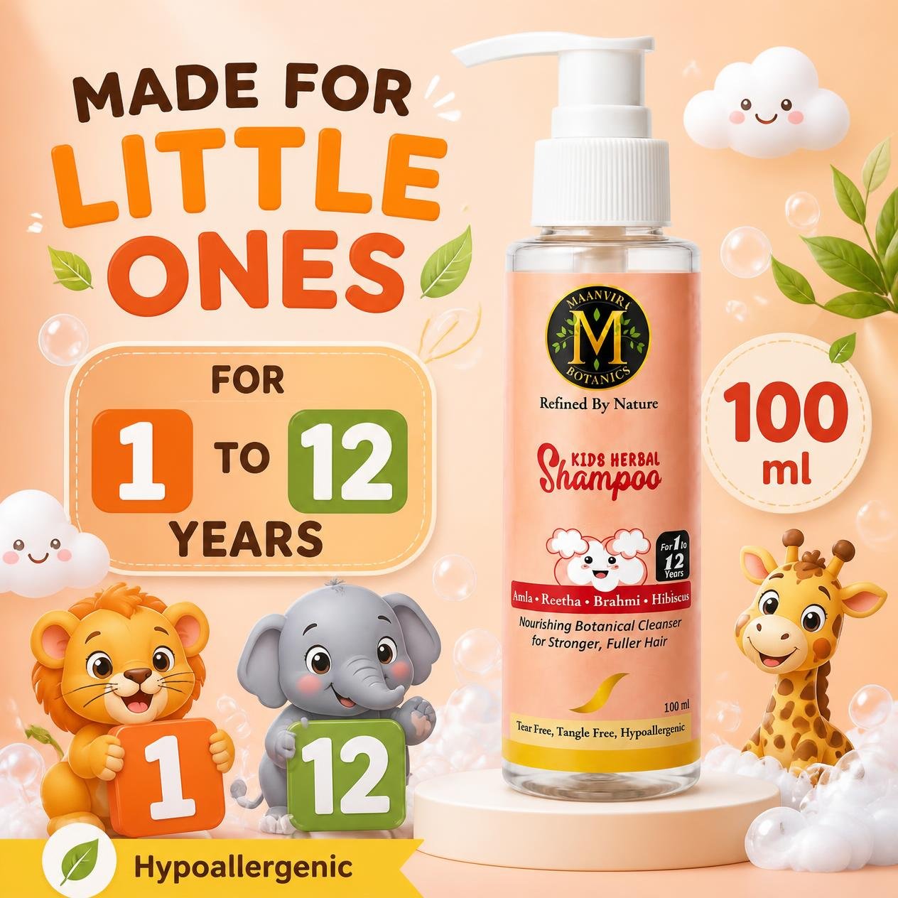Maanvira Botanics Kids Herbal Shampoo with Amla, Reetha, Brahmi & Hibiscus | Tear Free, Tangle Free, Hypoallergenic | Sulphate & Paraben Free | For Soft, Strong Hair | Kids 1-12 Years | 100 ml