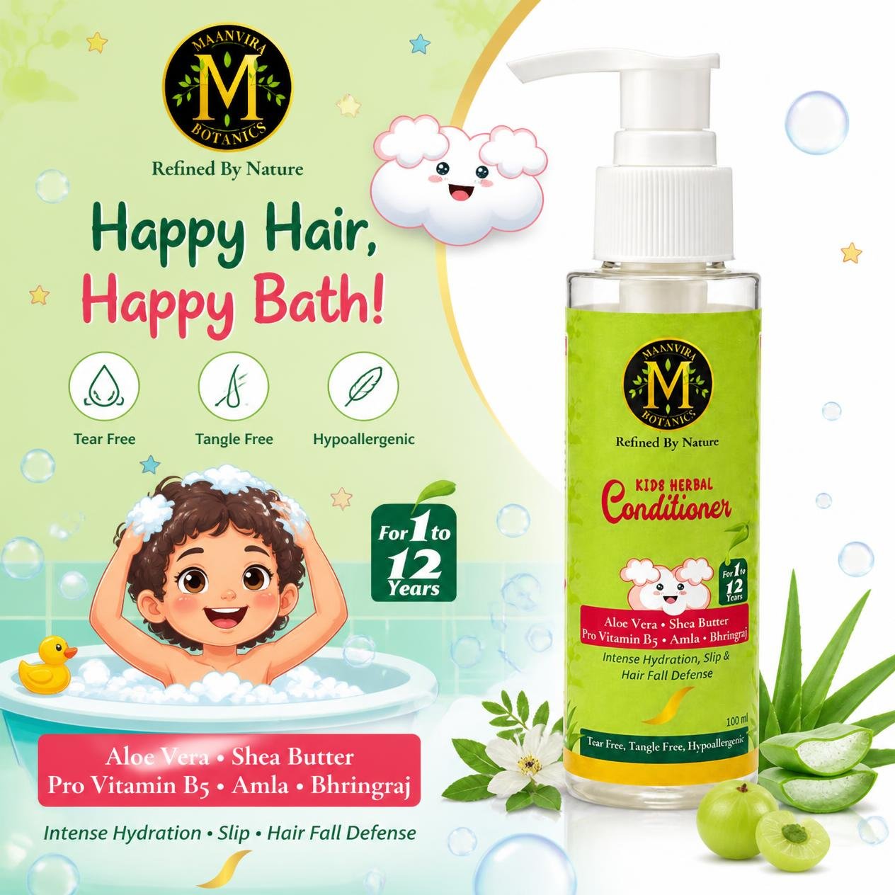 Maanvira Botanics Kids Herbal Conditioner with Aloe Vera, Shea Butter, Pro Vitamin B5, Amla & Bhringraj - Image 2