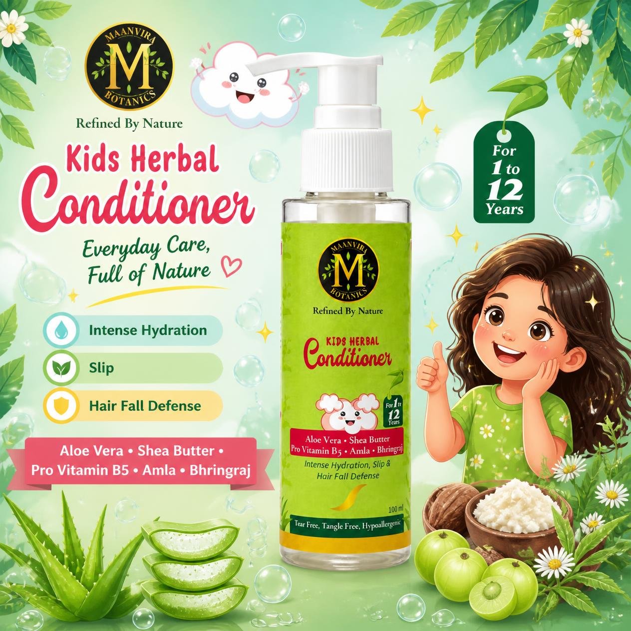 Maanvira Botanics Kids Herbal Conditioner with Aloe Vera, Shea Butter, Pro Vitamin B5, Amla & Bhringraj | Tear Free, Tangle Free, Hypoallergenic | Paraben Free | Detangler for Kids 1-12 Years | 100 ml