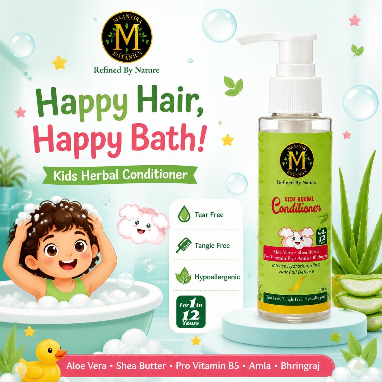 Maanvira Botanics Kids Herbal Conditioner with Aloe Vera, Shea Butter, Pro Vitamin B5, Amla & Bhringraj | Tear Free, Tangle Free, Hypoallergenic | Paraben Free | Detangler for Kids 1-12 Years | 100 ml