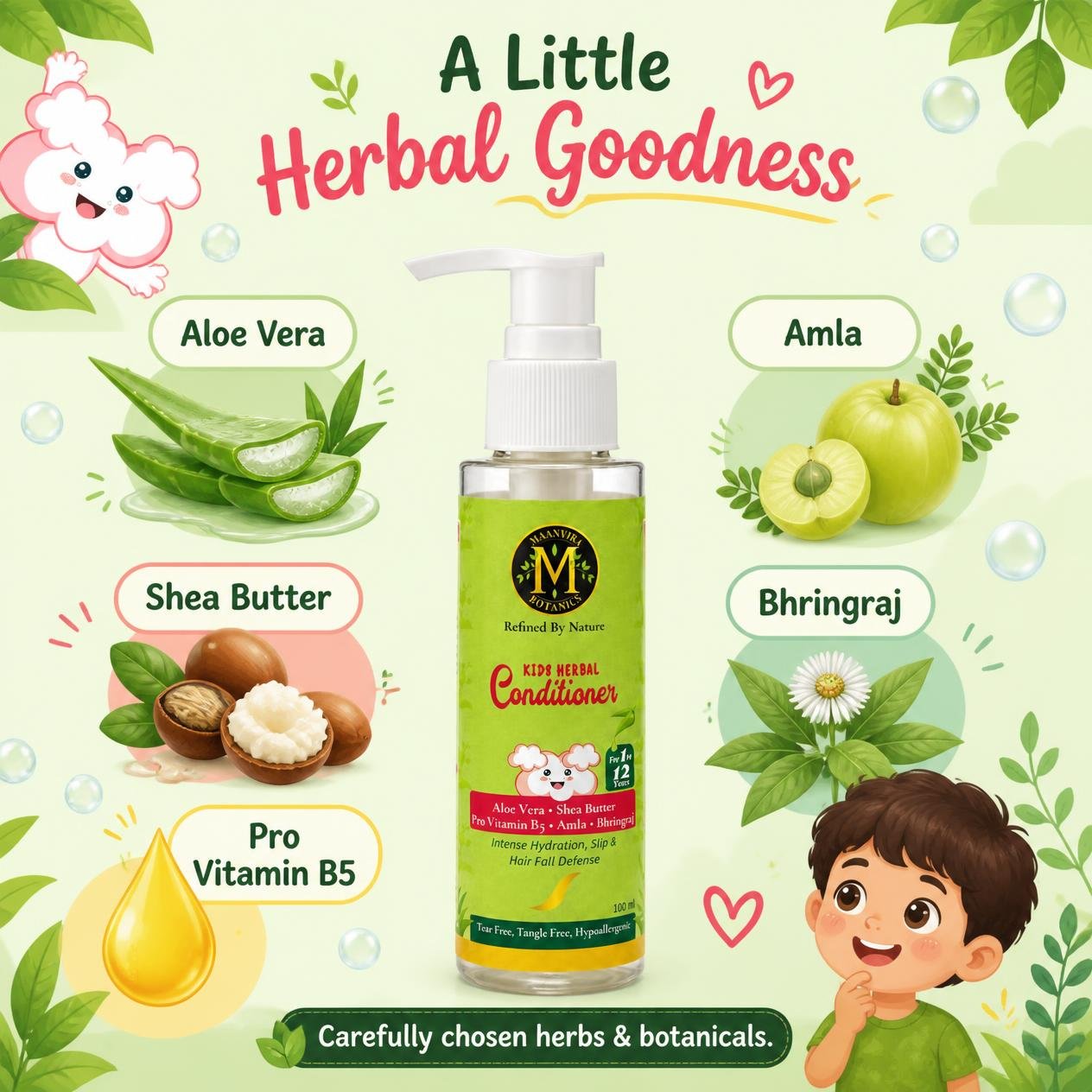 Maanvira Botanics Kids Herbal Conditioner with Aloe Vera, Shea Butter, Pro Vitamin B5, Amla & Bhringraj | Tear Free, Tangle Free, Hypoallergenic | Paraben Free | Detangler for Kids 1-12 Years | 100 ml