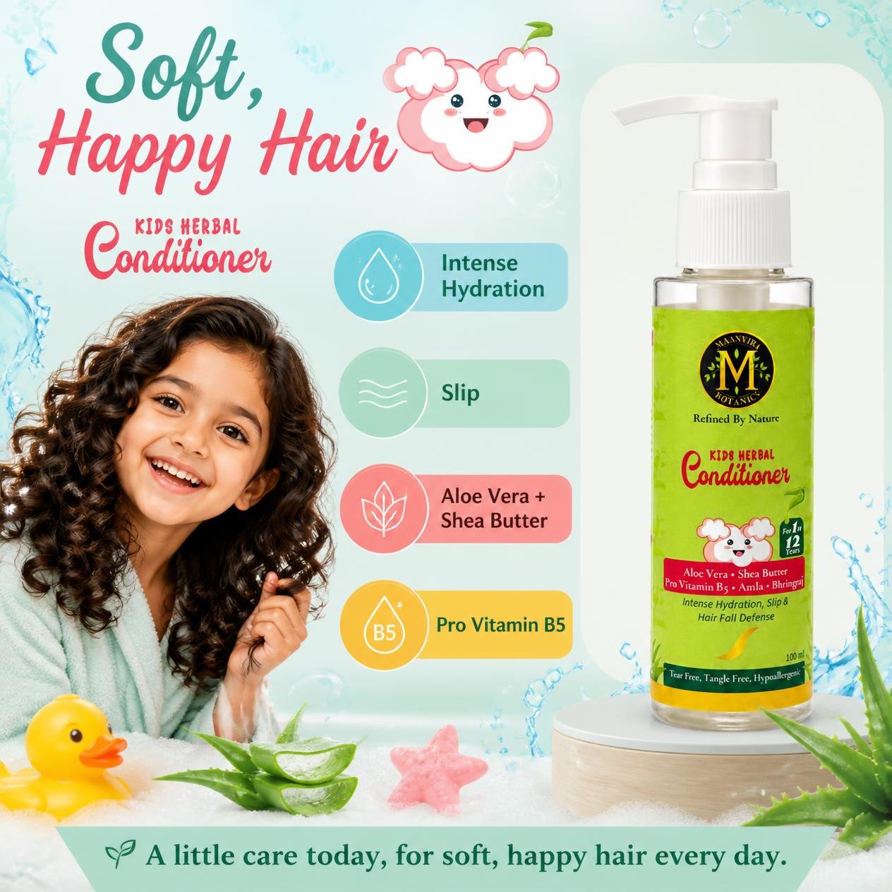 Maanvira Botanics Kids Herbal Conditioner with Aloe Vera, Shea Butter, Pro Vitamin B5, Amla & Bhringraj | Tear Free, Tangle Free, Hypoallergenic | Paraben Free | Detangler for Kids 1-12 Years | 100 ml