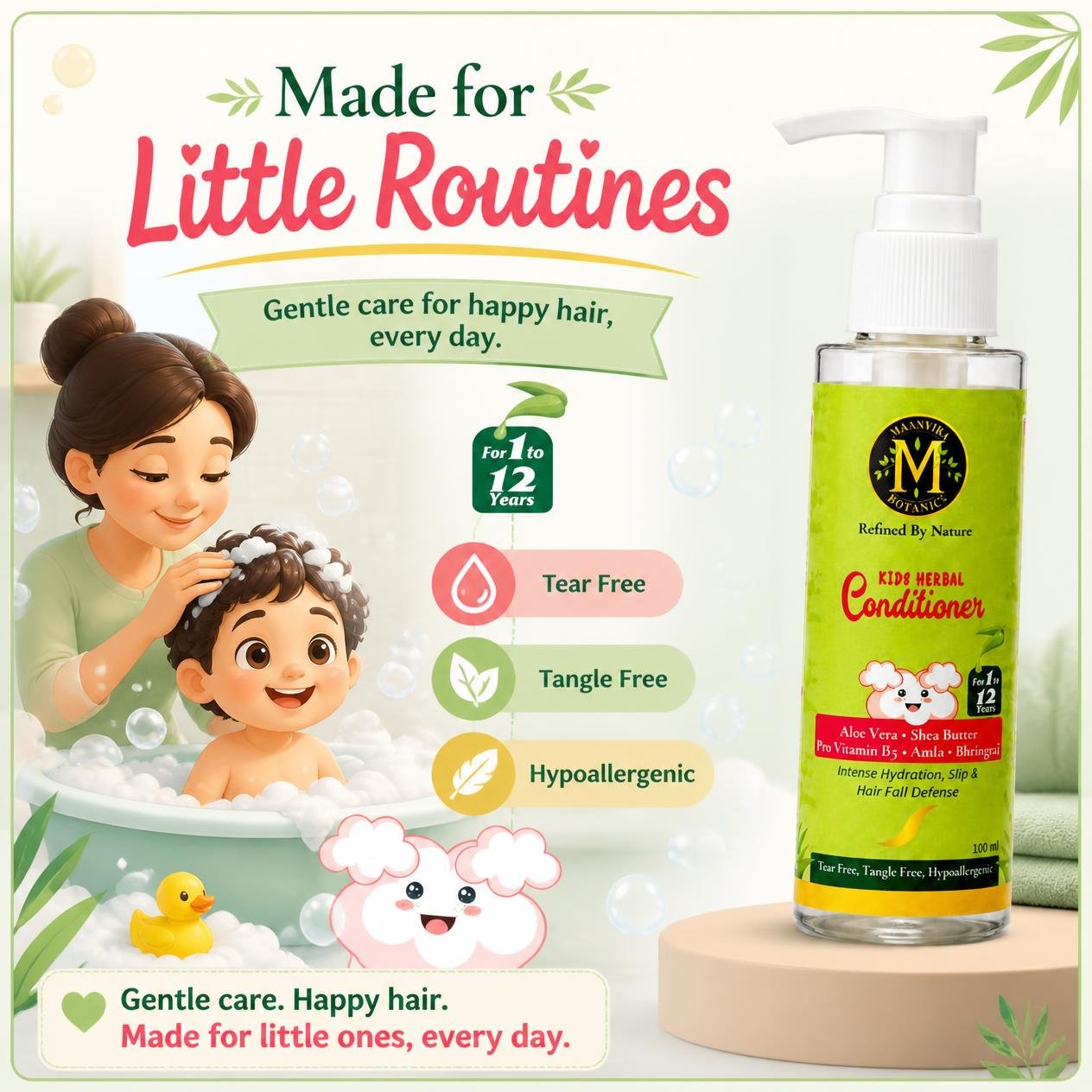 Maanvira Botanics Kids Herbal Conditioner with Aloe Vera, Shea Butter, Pro Vitamin B5, Amla & Bhringraj | Tear Free, Tangle Free, Hypoallergenic | Paraben Free | Detangler for Kids 1-12 Years | 100 ml