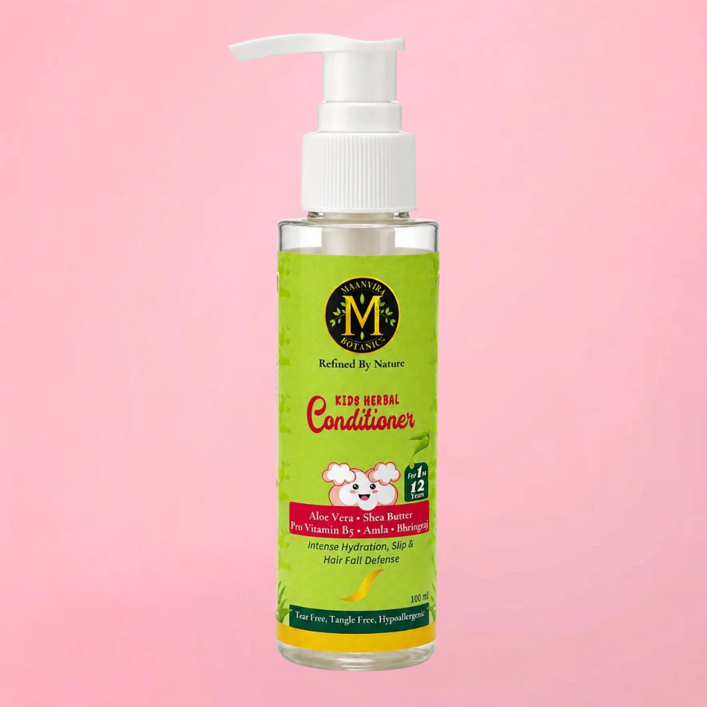 Maanvira Botanics Kids Herbal Conditioner with Aloe Vera, Shea Butter, Pro Vitamin B5, Amla & Bhringraj | Tear Free, Tangle Free, Hypoallergenic | Paraben Free | Detangler for Kids 1-12 Years | 100 ml