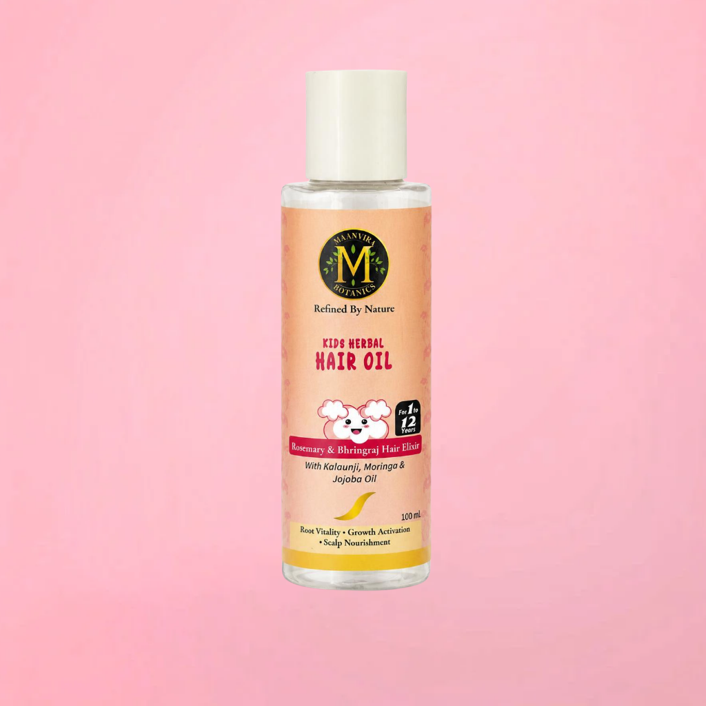 Maanvira Botanics Ayurvedic Kids Herbal Hair Oil 100ml with Rosemary & Bhringraj | Kalonji, Moringa, Amla & Jojoba | Champi Oil for Scalp Nourishment & Healthy Hair Growth | Boys & Girls 1-12 Years