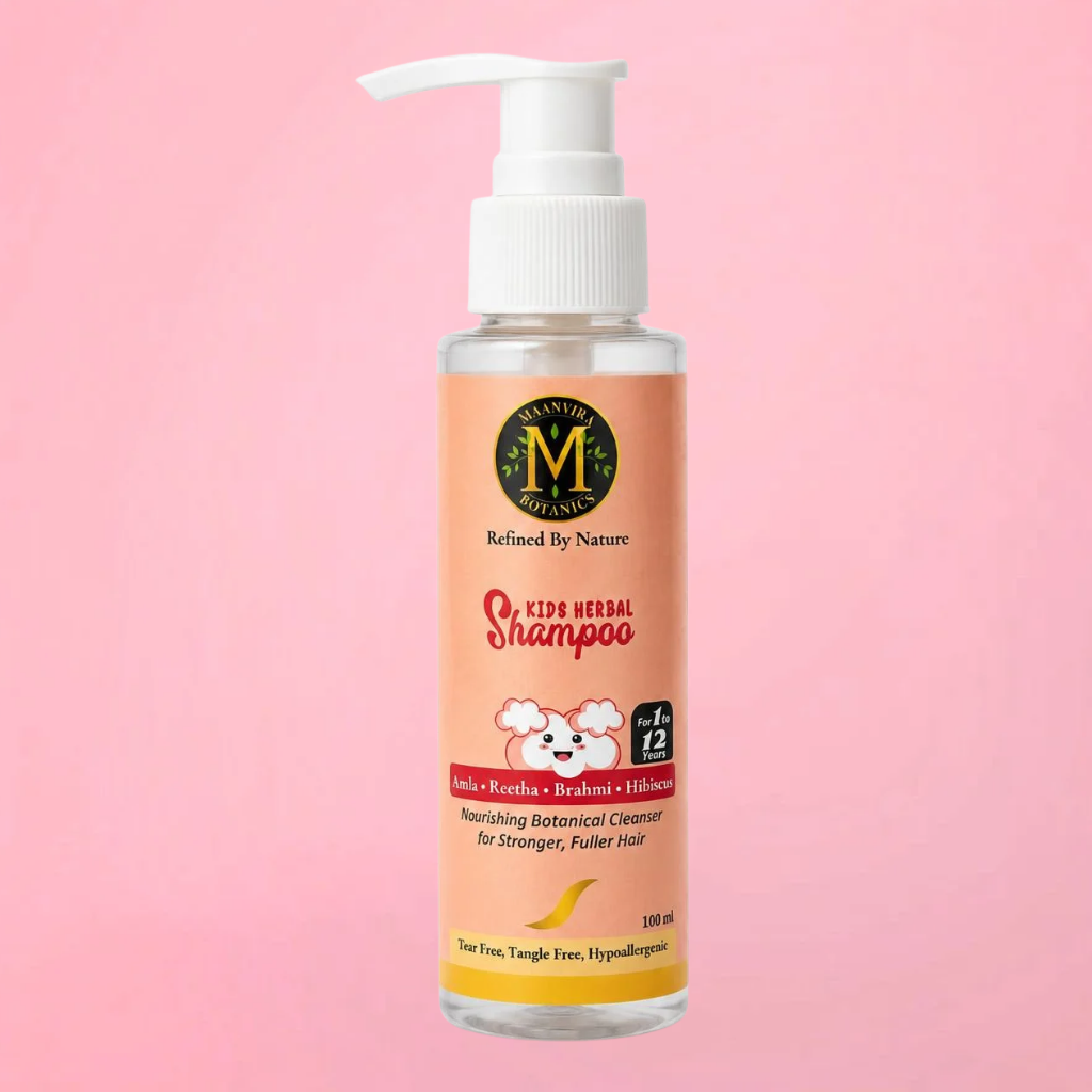 Maanvira Botanics Kids Herbal Shampoo with Amla, Reetha, Brahmi & Hibiscus | Tear Free, Tangle Free, Hypoallergenic | Sulphate & Paraben Free | For Soft, Strong Hair | Kids 1-12 Years | 100 ml